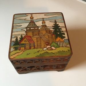 Vintage Wood & Gouache Russian Trinket Jewelry Box